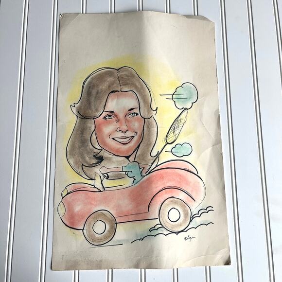 Vintage Original Caricature portrait drawing Women in Red Car 70's 80's Romcom - Picture 1 of 9